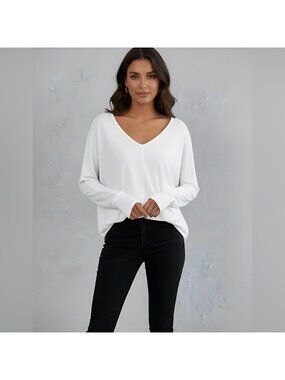 White Oversized V Neck Batwing Long Sleeve Knit Tee